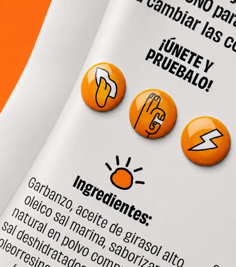 Visualización en primer plano del diseño de contraetiqueta para snacks Garbachos, mostrando la iconografía de marca y la lista de ingredientes por BSM.